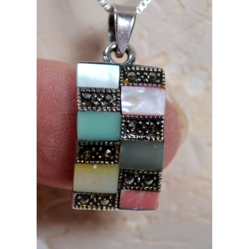 Vintage New Pastel MultiColor Stones Marcasites 925 Sterling Silver Necklace 18"